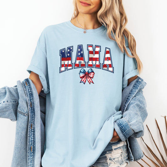 Mama, USA Flag, Patriotic, Varsity, Bow, Ribbon, America, 4th of July Tshirt Comfort Colors T-Shirt