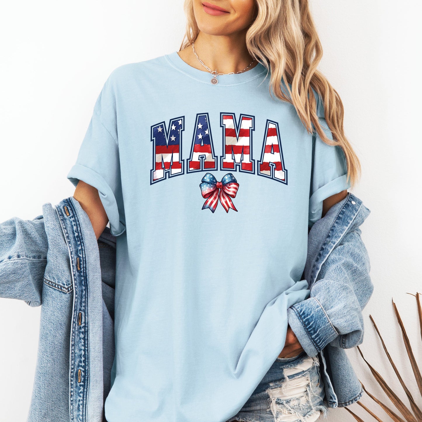 Mama, USA Flag, Patriotic, Varsity, Bow, Ribbon, America, 4th of July Tshirt Comfort Colors T-Shirt