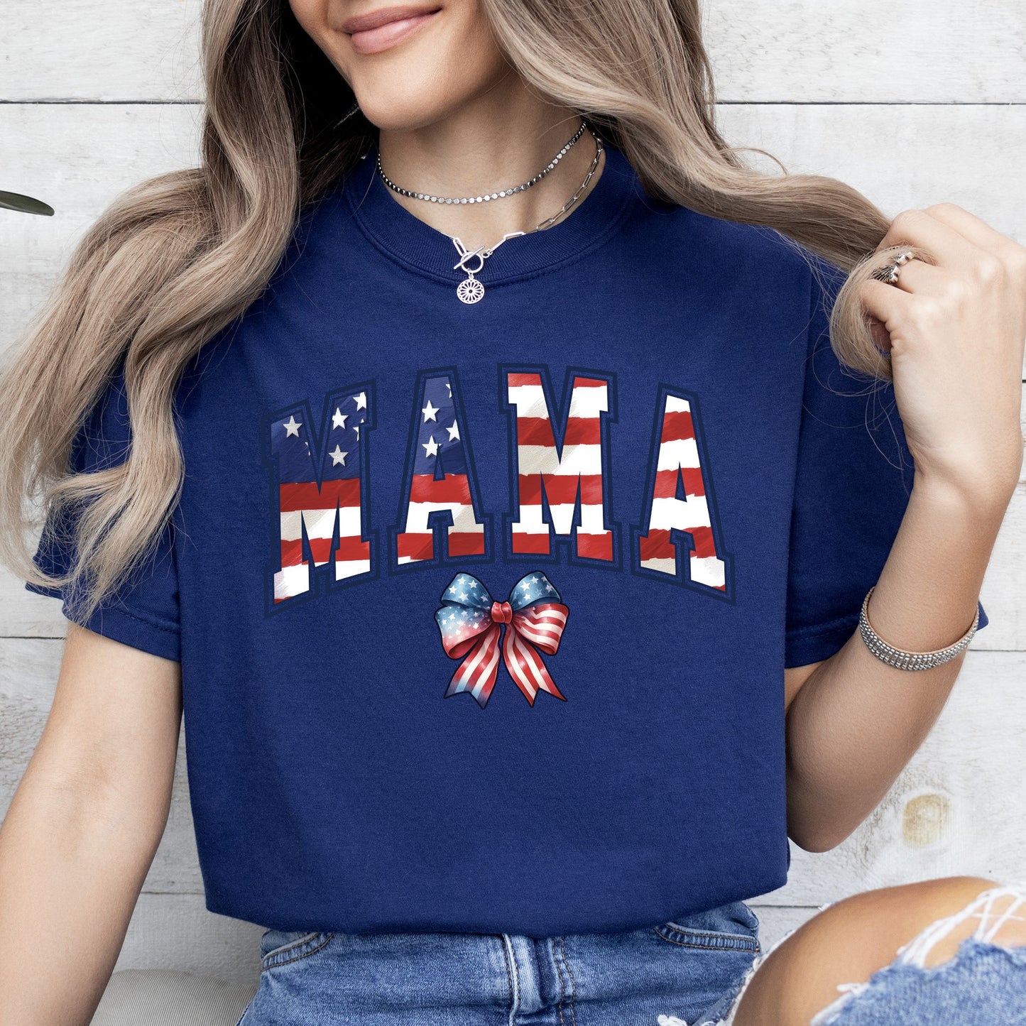 Mama, USA Flag, Patriotic, Varsity, Bow, Ribbon, America, 4th of July Tshirt Comfort Colors T-Shirt