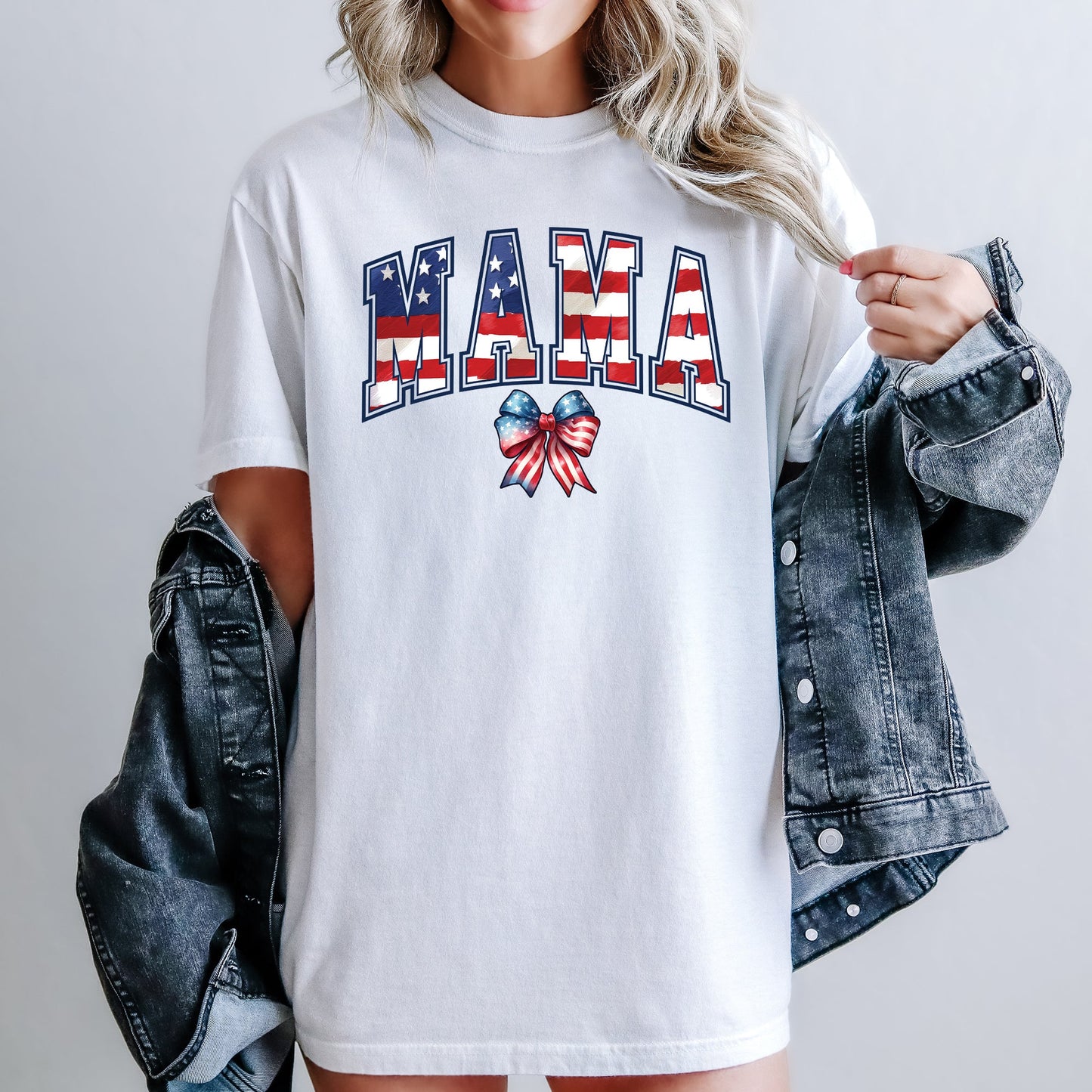 Mama, USA Flag, Patriotic, Varsity, Bow, Ribbon, America, 4th of July Tshirt Comfort Colors T-Shirt