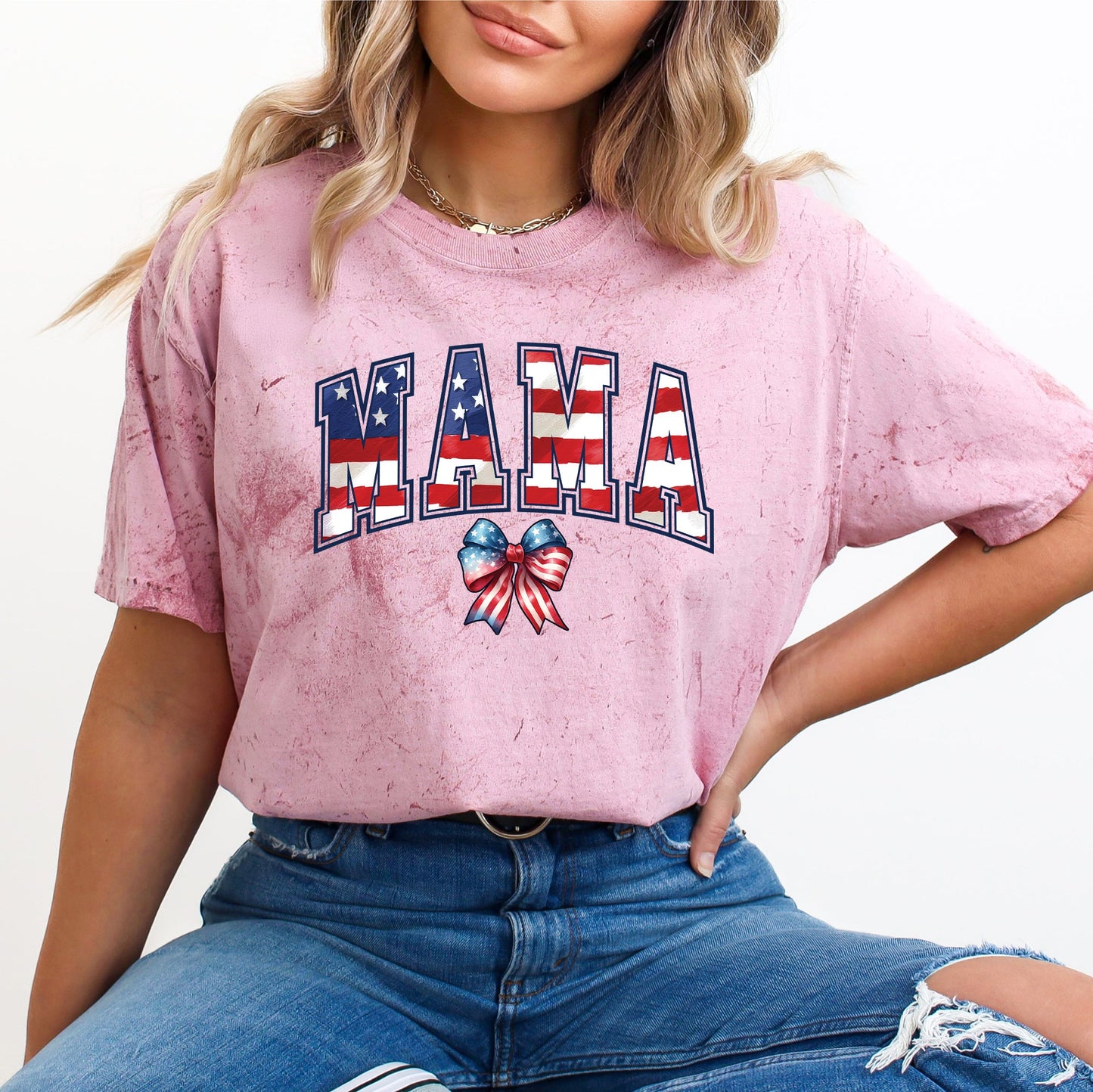 Mama, USA Flag, Patriotic, Varsity, Bow, Ribbon, America, 4th of July, Color Blast Tshirt Comfort Colors T-Shirt