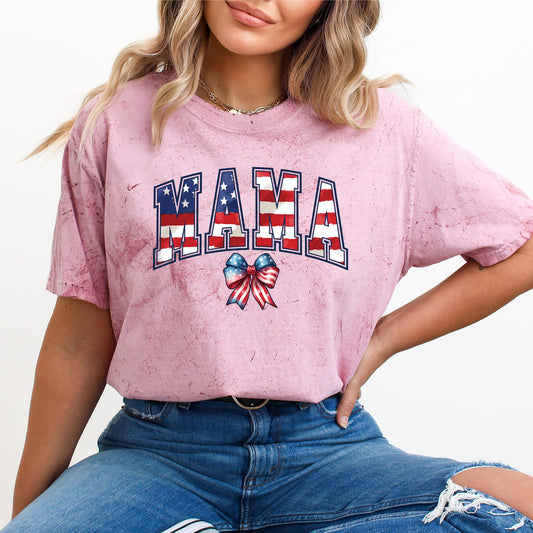 Mama, USA Flag, Patriotic, Varsity, Bow, Ribbon, America, 4th of July, Color Blast Tshirt Comfort Colors T-Shirt
