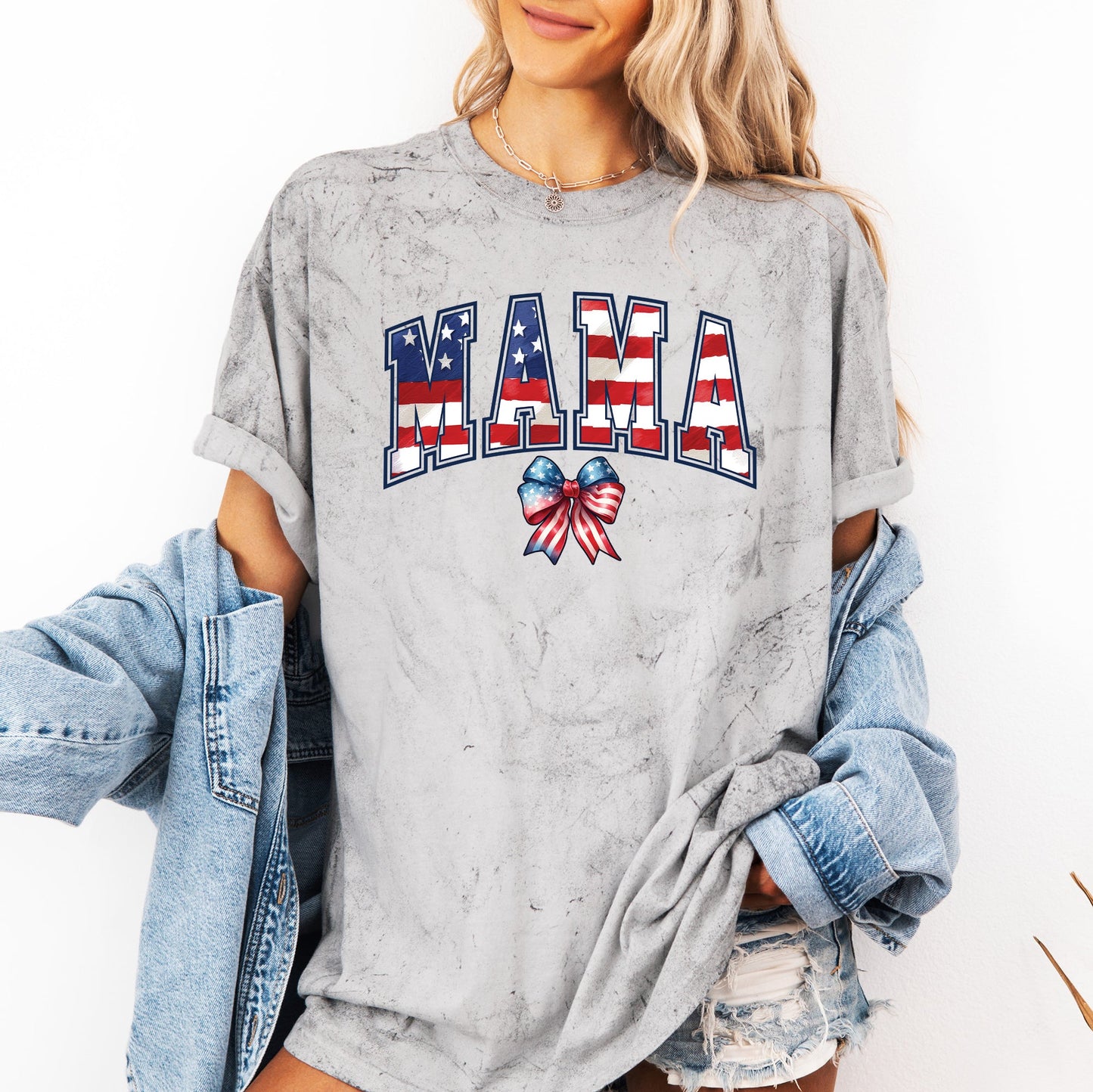 Mama, USA Flag, Patriotic, Varsity, Bow, Ribbon, America, 4th of July, Color Blast Tshirt Comfort Colors T-Shirt