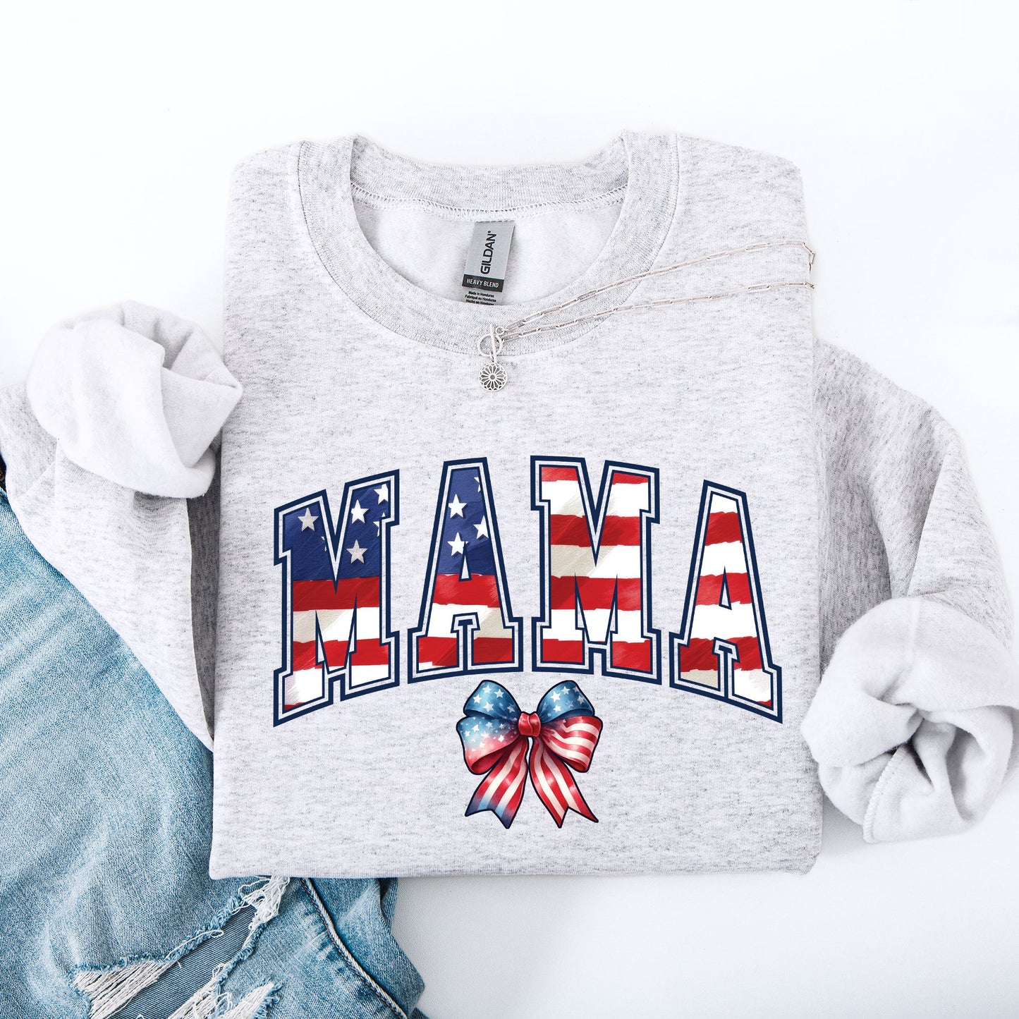 Mama, USA Flag, Patriotic, Varsity, Bow, Ribbon, America, 4th of July Sweatshirt