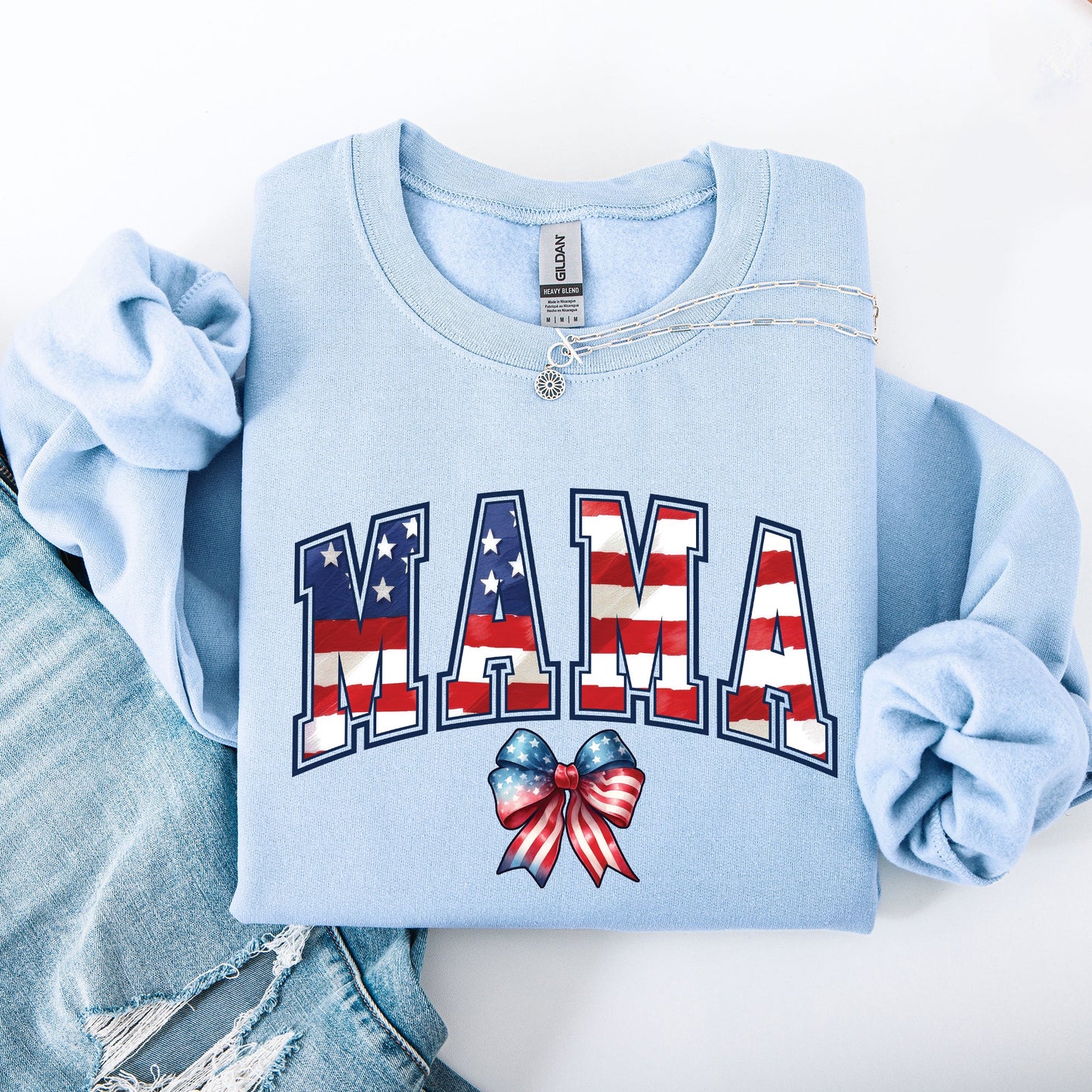 Mama, USA Flag, Patriotic, Varsity, Bow, Ribbon, America, 4th of July Sweatshirt
