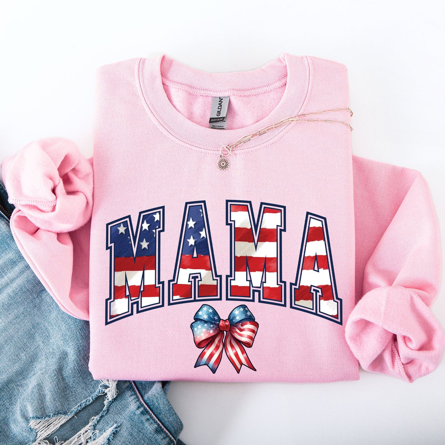 Mama, USA Flag, Patriotic, Varsity, Bow, Ribbon, America, 4th of July Sweatshirt