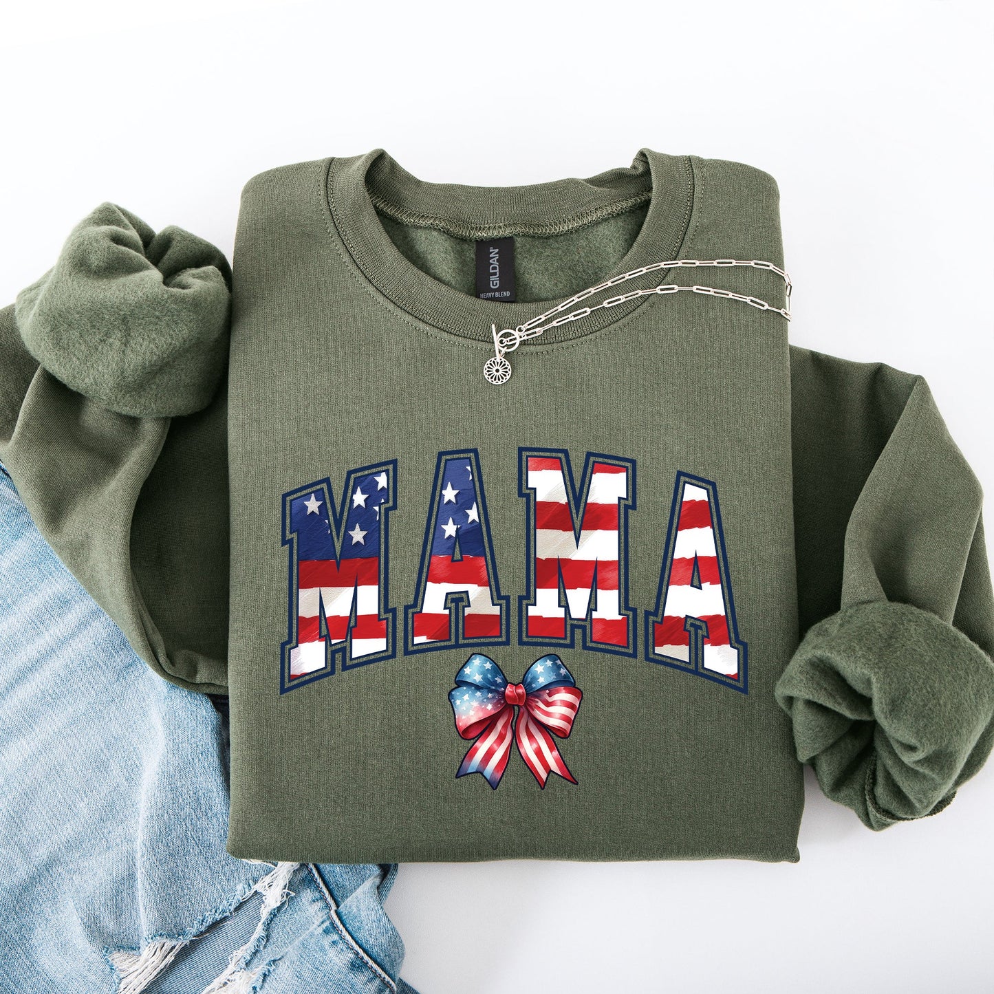 Mama, USA Flag, Patriotic, Varsity, Bow, Ribbon, America, 4th of July Sweatshirt