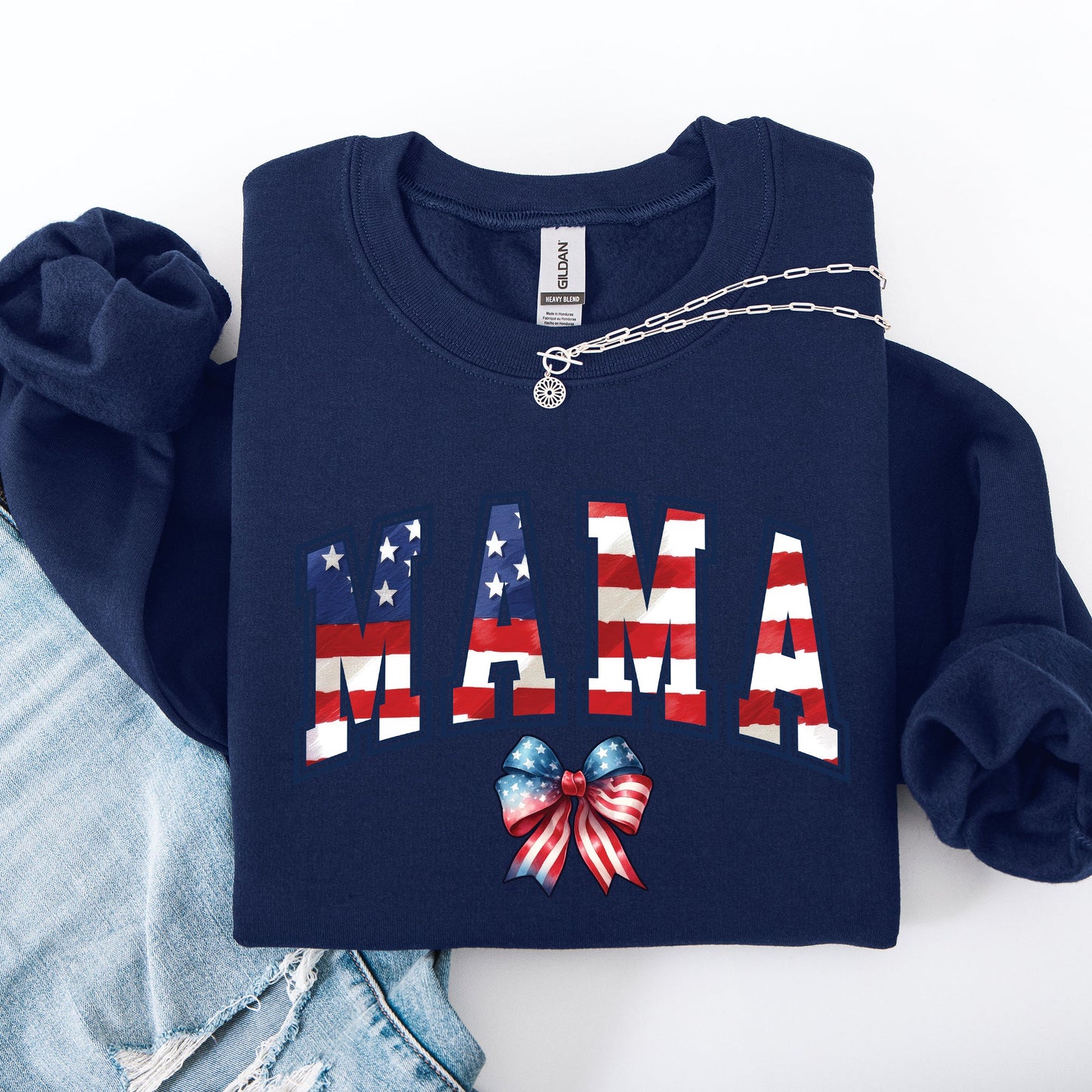 Mama, USA Flag, Patriotic, Varsity, Bow, Ribbon, America, 4th of July Sweatshirt