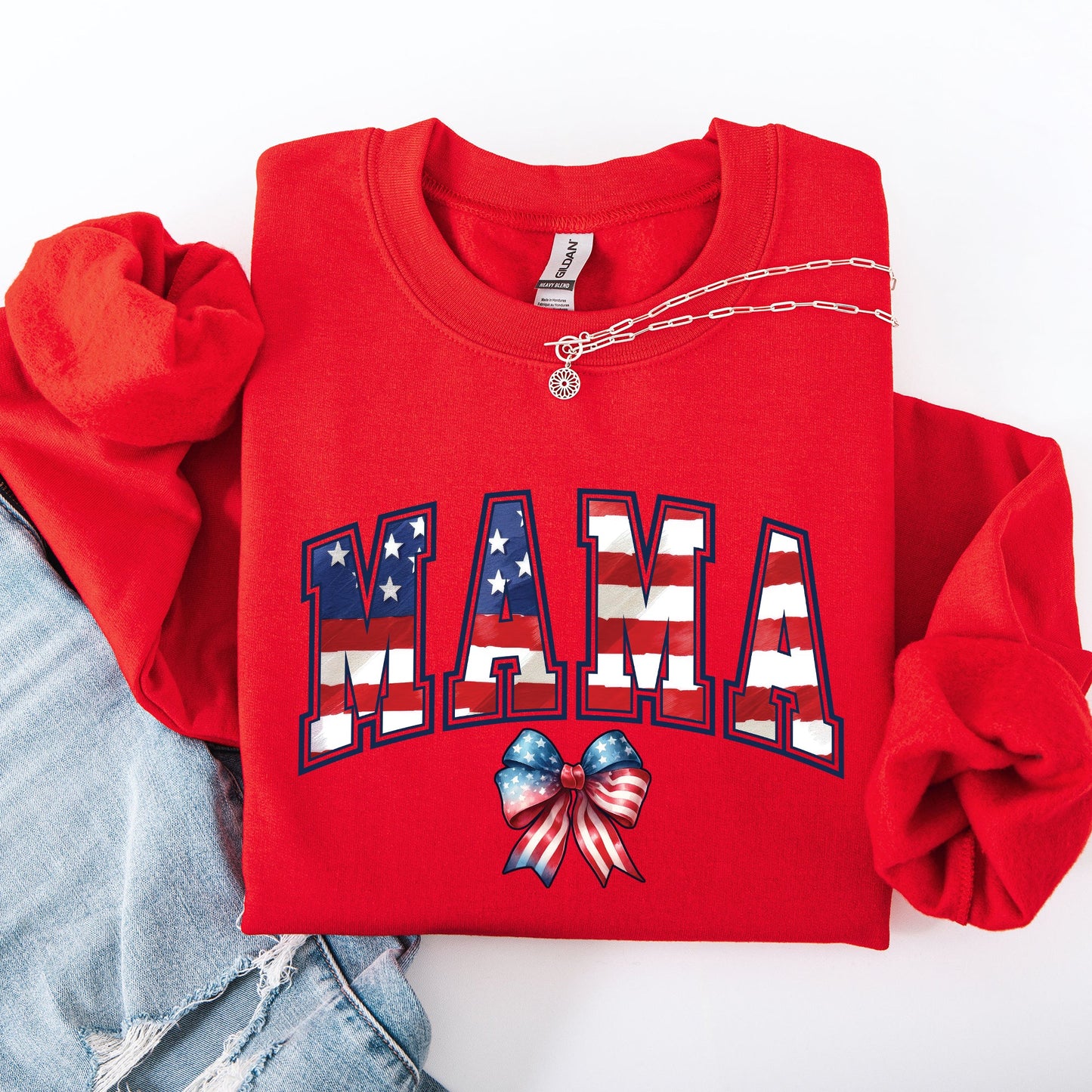 Mama, USA Flag, Patriotic, Varsity, Bow, Ribbon, America, 4th of July Sweatshirt