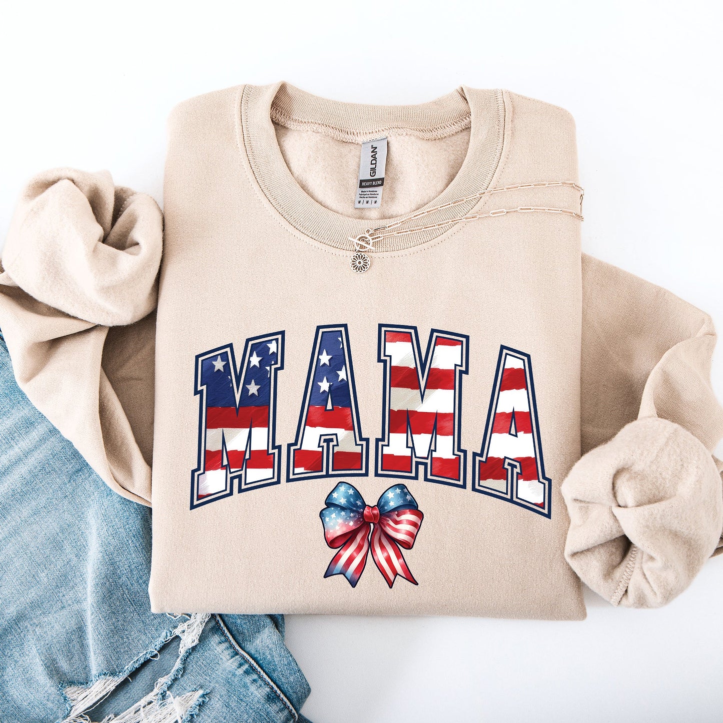 Mama, USA Flag, Patriotic, Varsity, Bow, Ribbon, America, 4th of July Sweatshirt