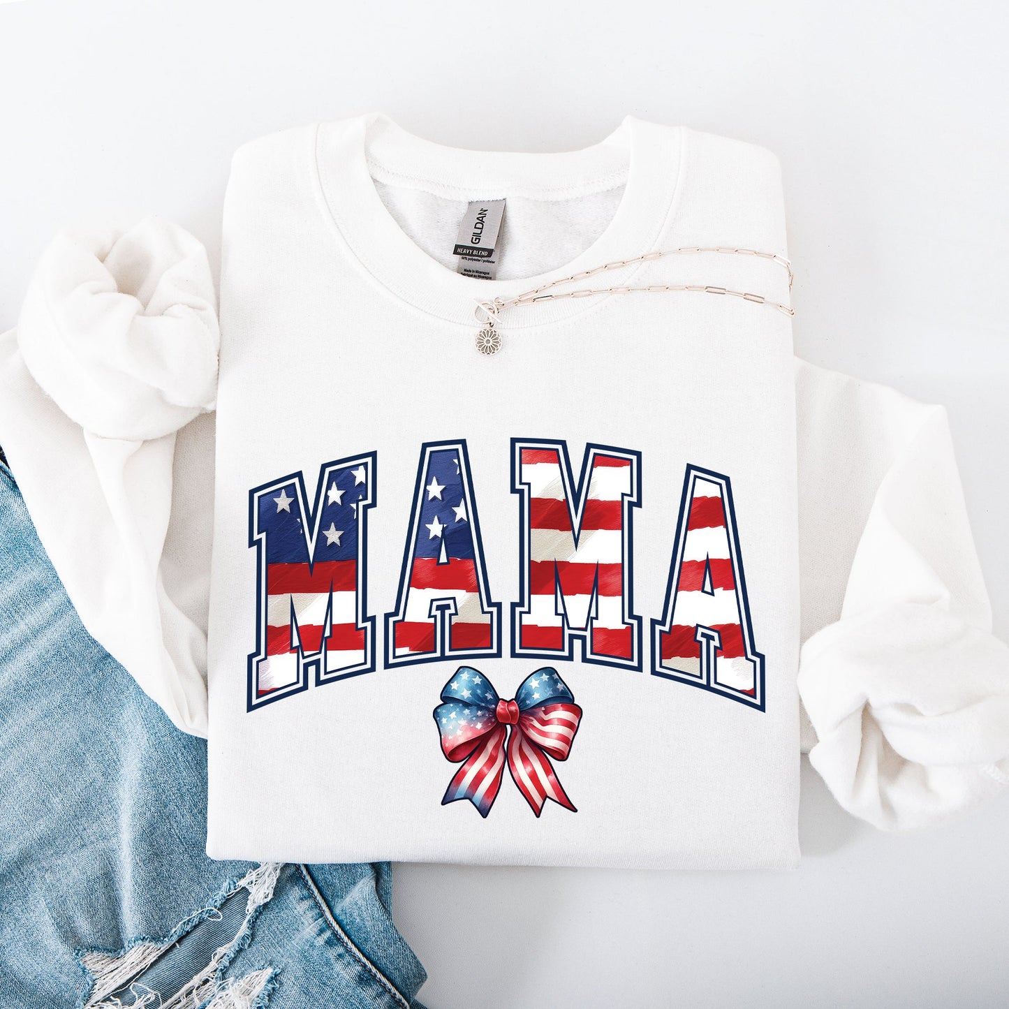 Mama, USA Flag, Patriotic, Varsity, Bow, Ribbon, America, 4th of July Sweatshirt