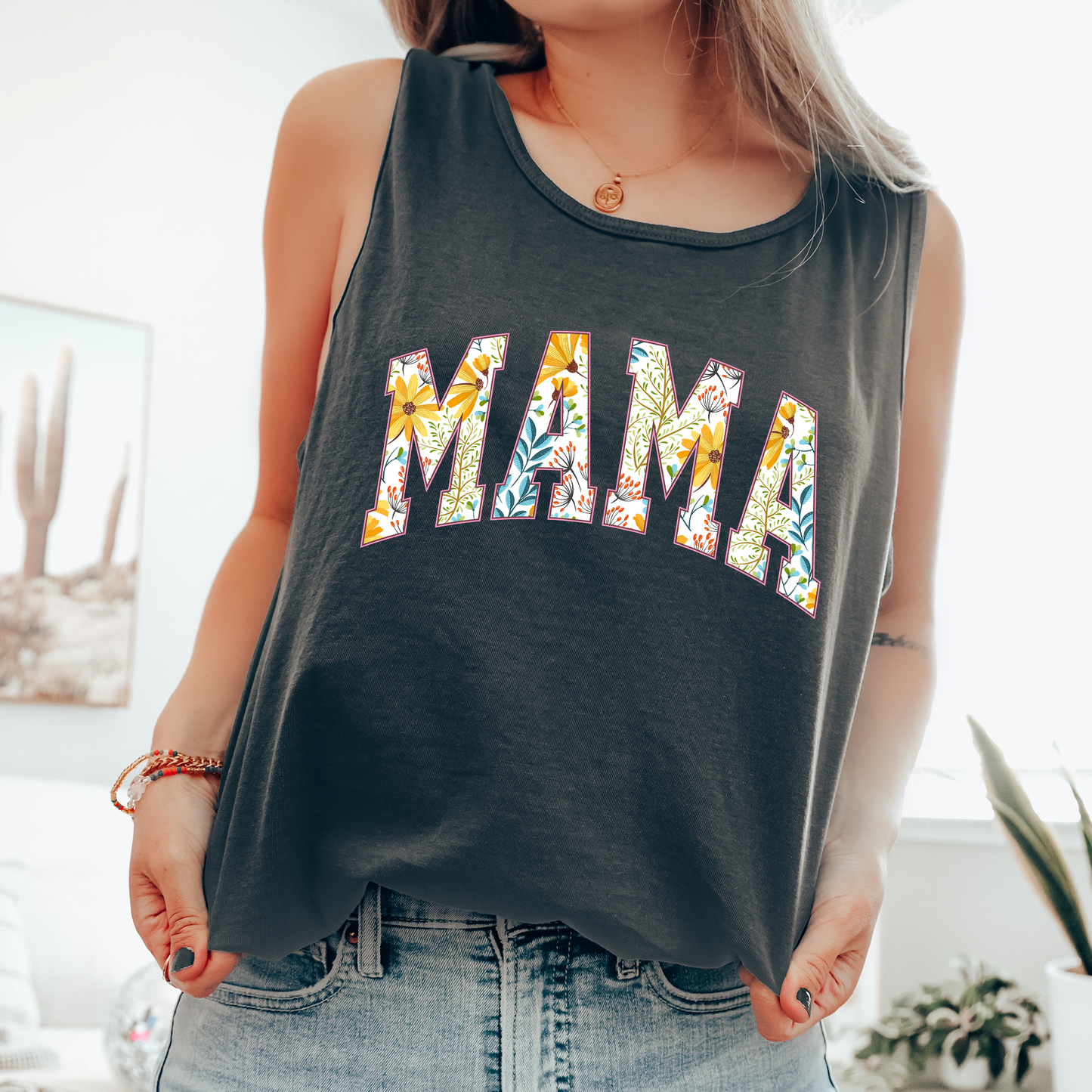 Mama, Yellow Flowers, Varsity, Floral Comfort Colors Tank Top