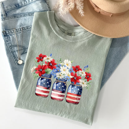 Mason Jars with Flowers, Patriotic, 4th of July Tshirt Comfort Colors T-Shirt