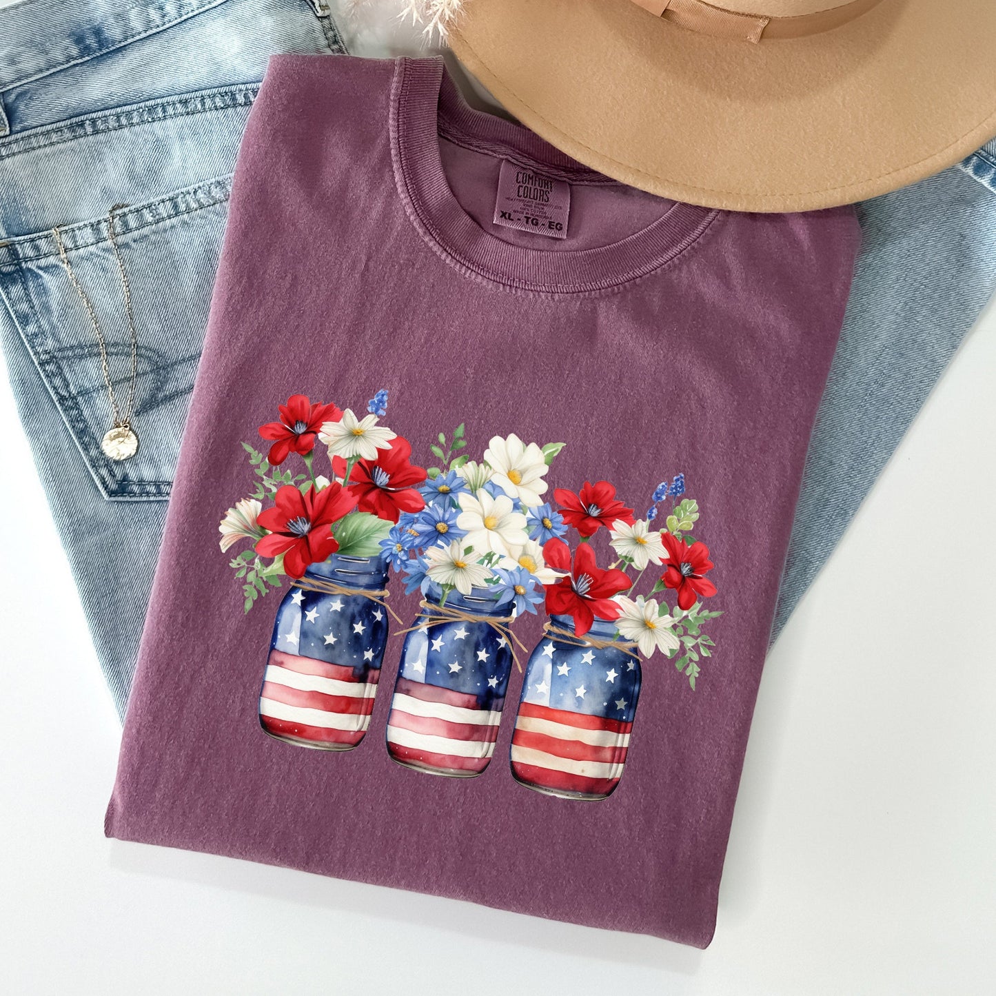 Mason Jars with Flowers, Patriotic, 4th of July Tshirt Comfort Colors T-Shirt