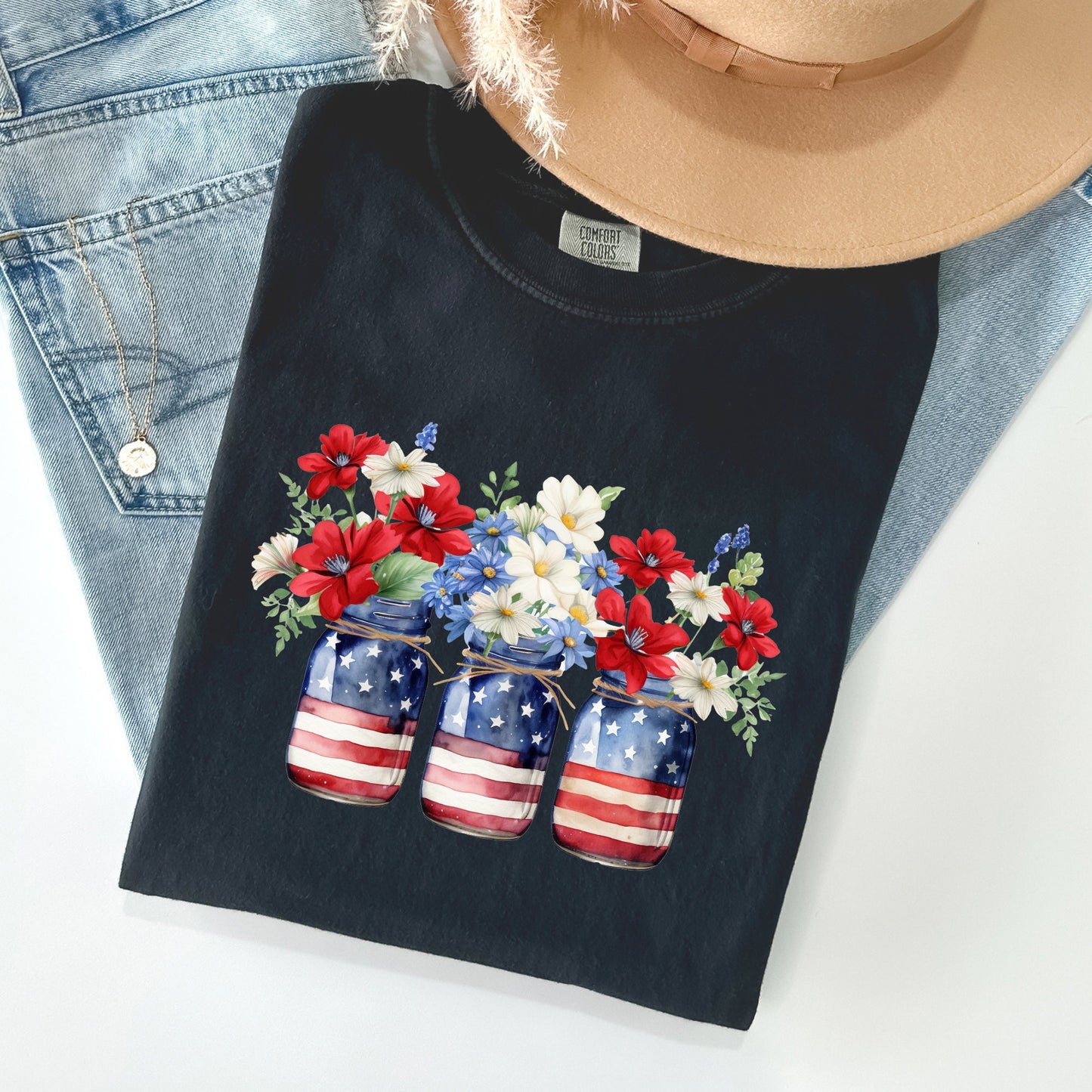 Mason Jars with Flowers, Patriotic, 4th of July Tshirt Comfort Colors T-Shirt