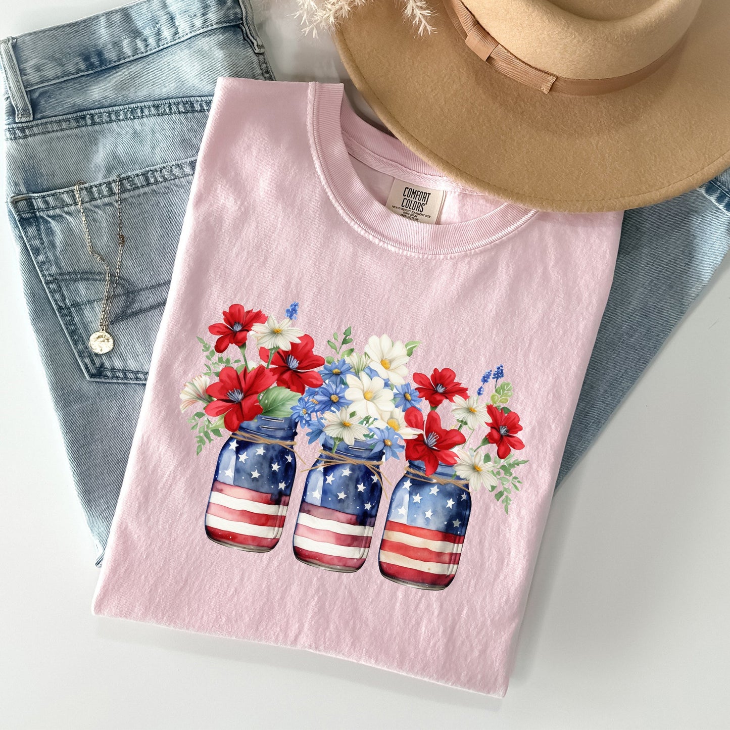 Mason Jars with Flowers, Patriotic, 4th of July Tshirt Comfort Colors T-Shirt