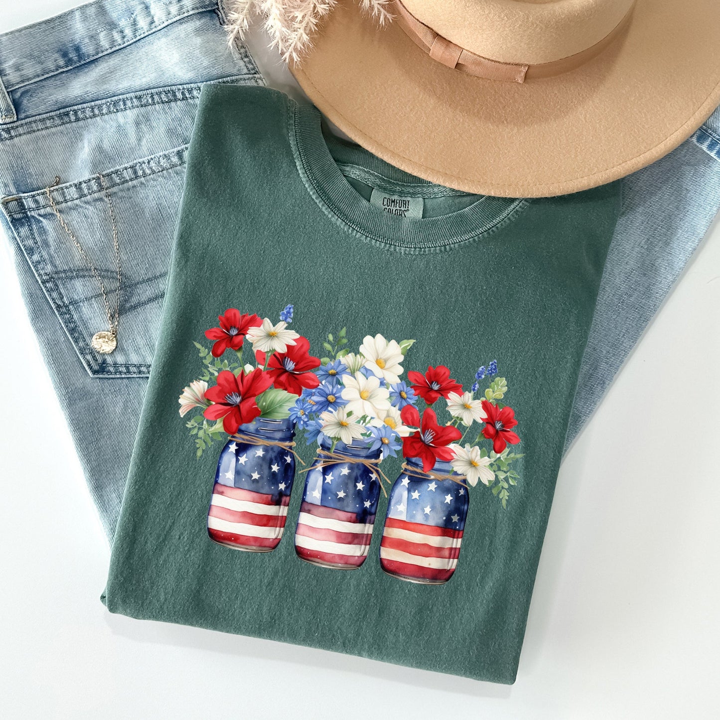 Mason Jars with Flowers, Patriotic, 4th of July Tshirt Comfort Colors T-Shirt