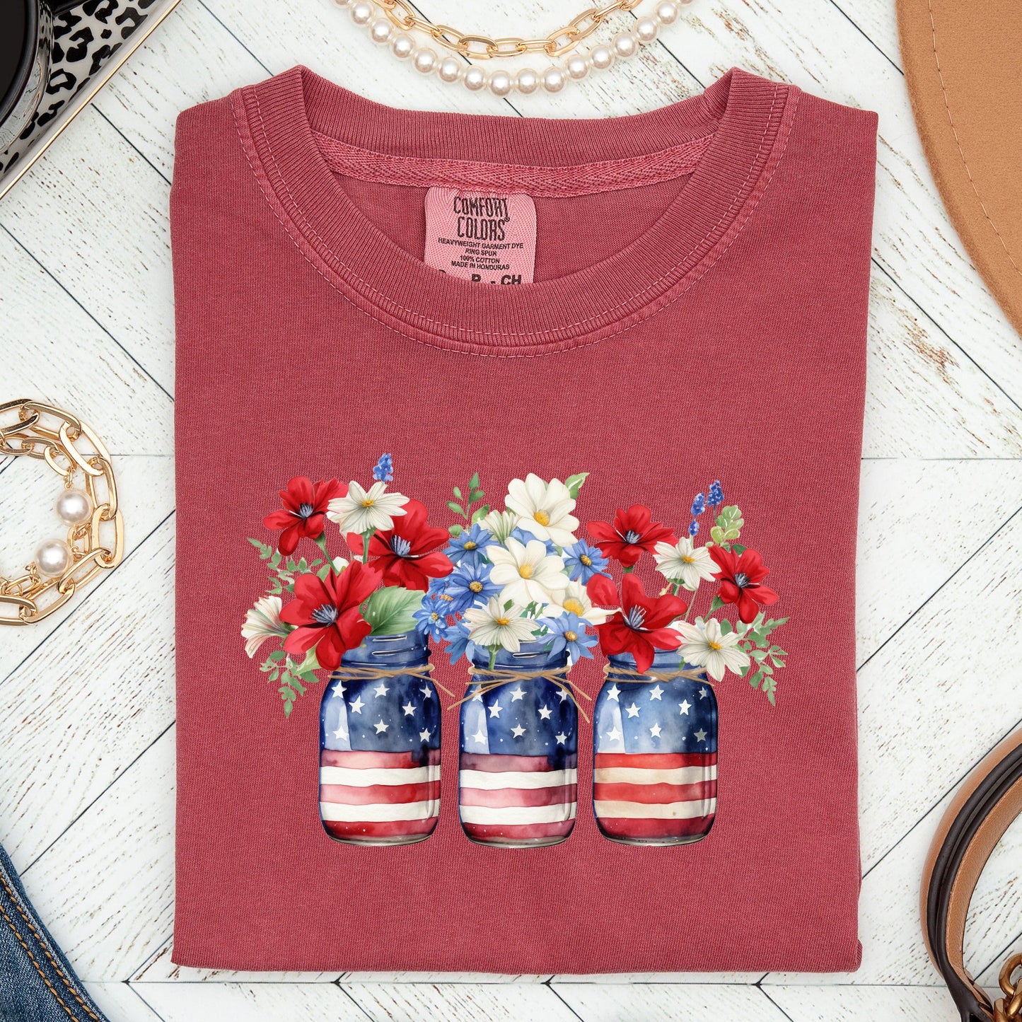 Mason Jars with Flowers, Patriotic, 4th of July Tshirt Comfort Colors T-Shirt