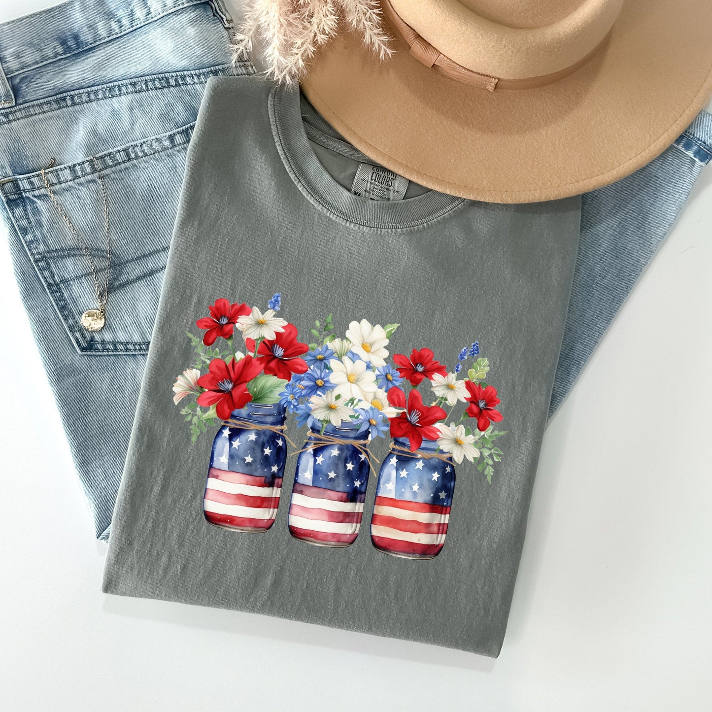 Mason Jars with Flowers, Patriotic, 4th of July Tshirt Comfort Colors T-Shirt