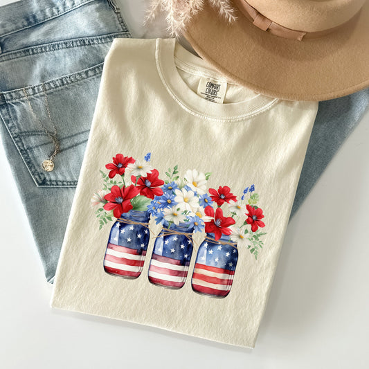 Mason Jars with Flowers, Patriotic, 4th of July Tshirt Comfort Colors T-Shirt