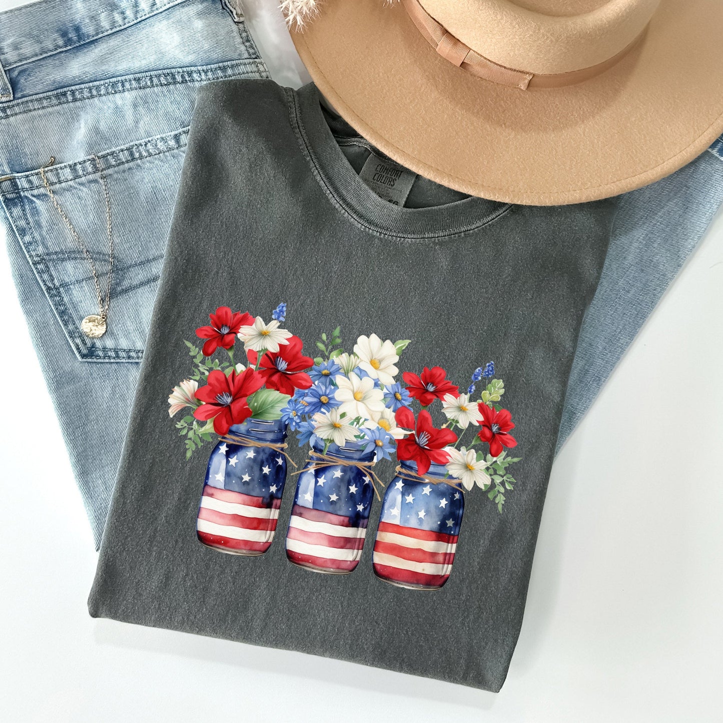 Mason Jars with Flowers, Patriotic, 4th of July Tshirt Comfort Colors T-Shirt