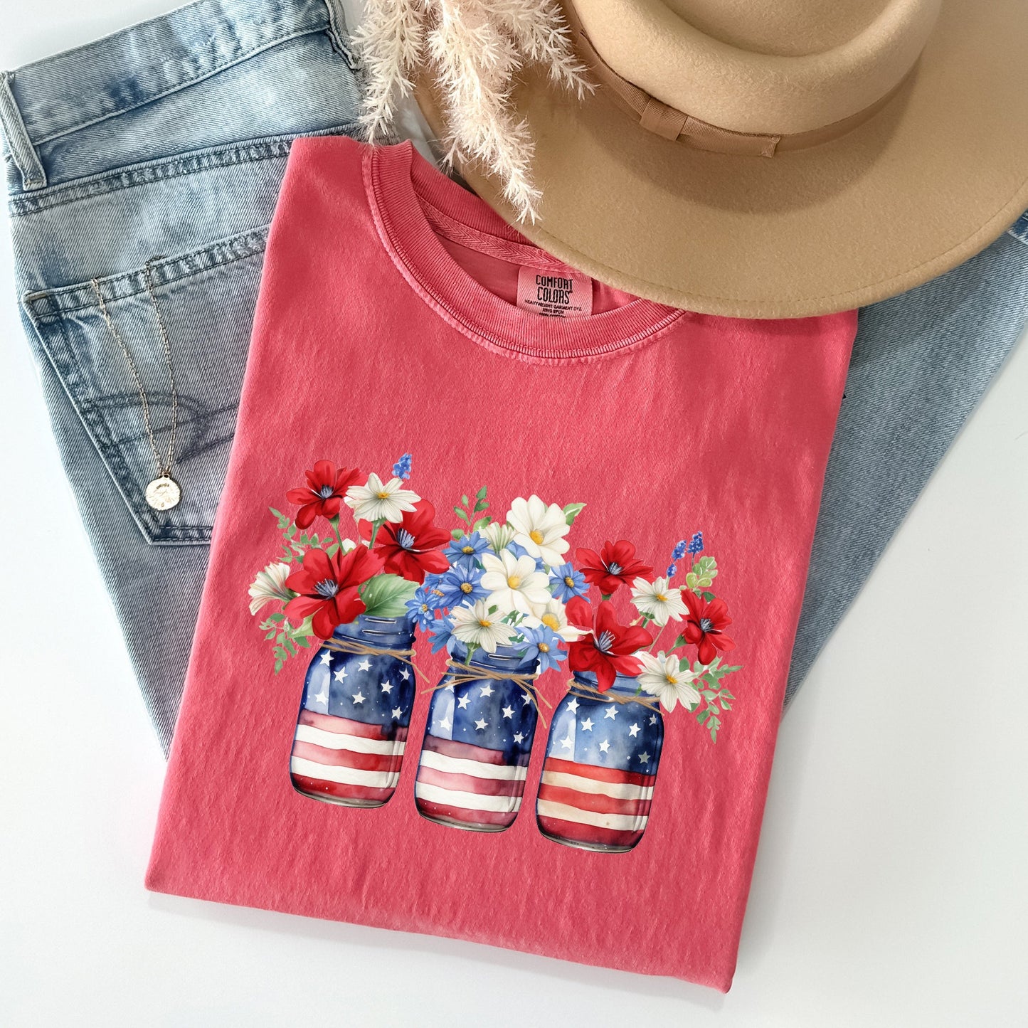 Mason Jars with Flowers, Patriotic, 4th of July Tshirt Comfort Colors T-Shirt