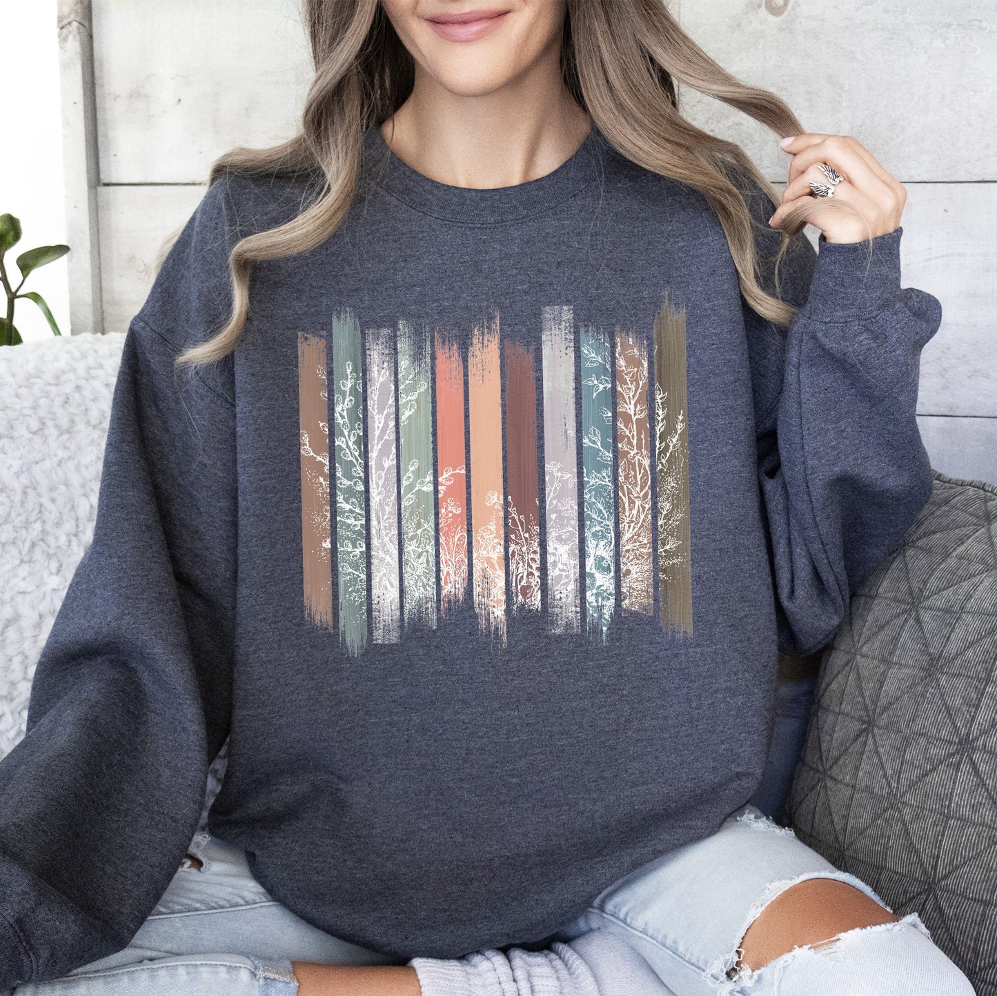 Meadow Vines, Flowers, Nature, Botanical Stripes Sweatshirt
