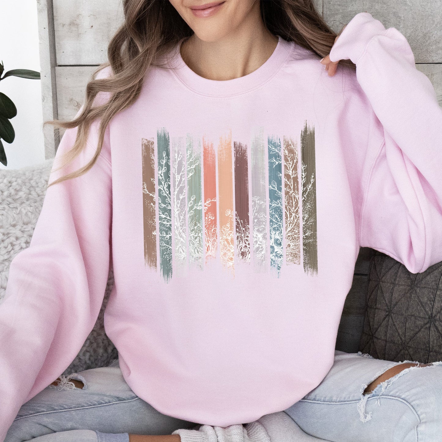 Meadow Vines, Flowers, Nature, Botanical Stripes Sweatshirt