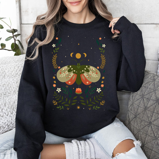 Midnight Garden Dance, Moth, Moon, and Floral Print Sweatshirt