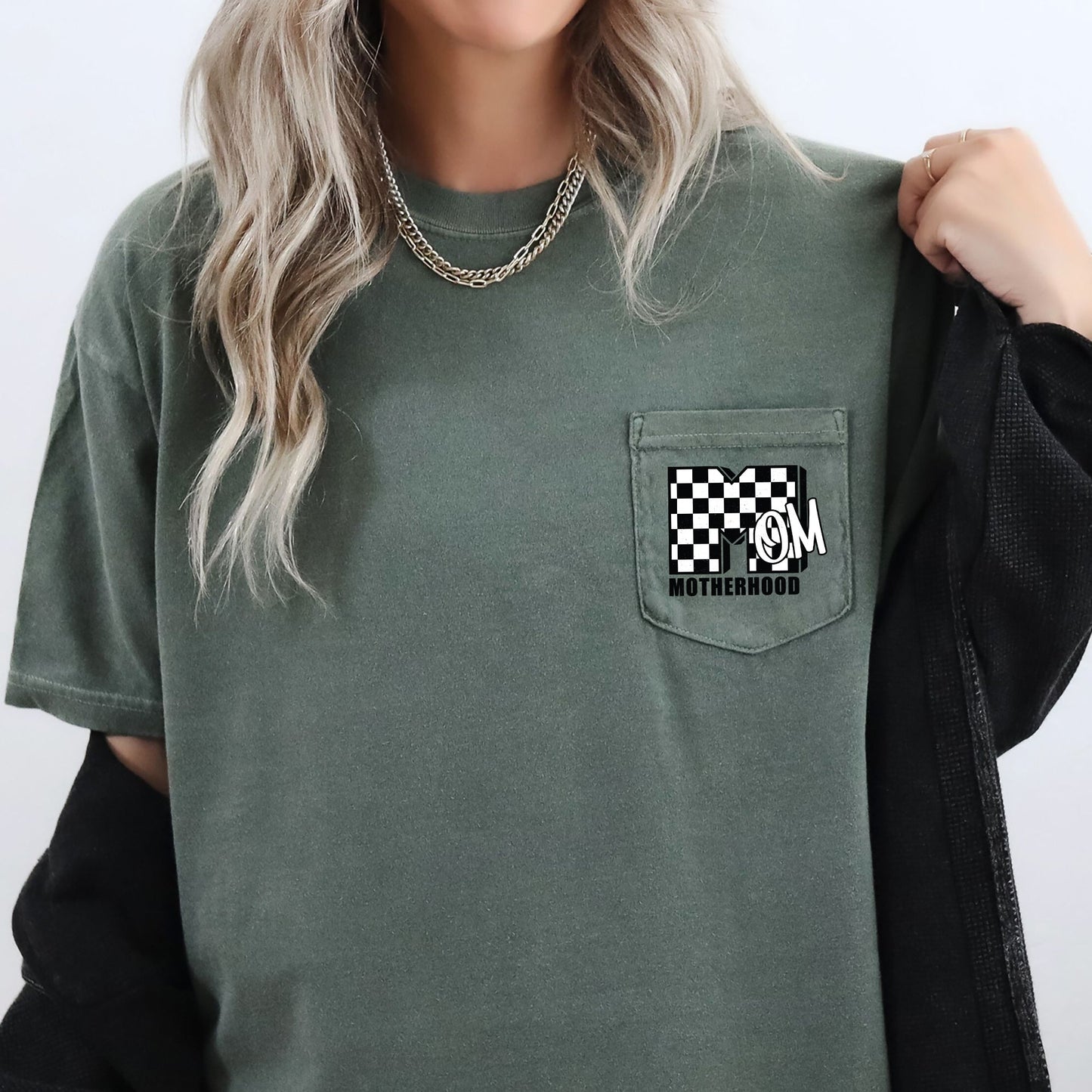 Mom, Motherhood, Retro, Checkered, Pocket Tee Comfort Colors T-Shirt