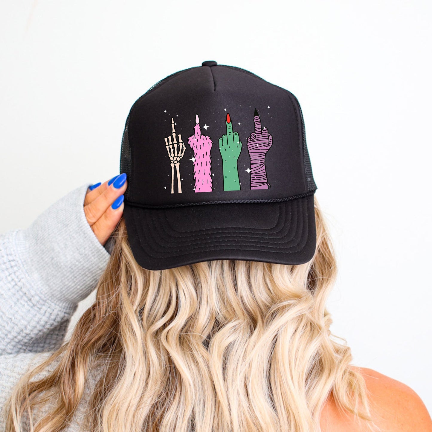 Monster, Middle Finger, Sassy, Funny, Halloween, Black Snapback Trucker Hat