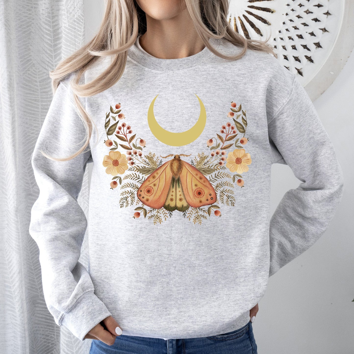 Mystical Moth and Moon, Enchanted Floral Night Sky Sweatshirt