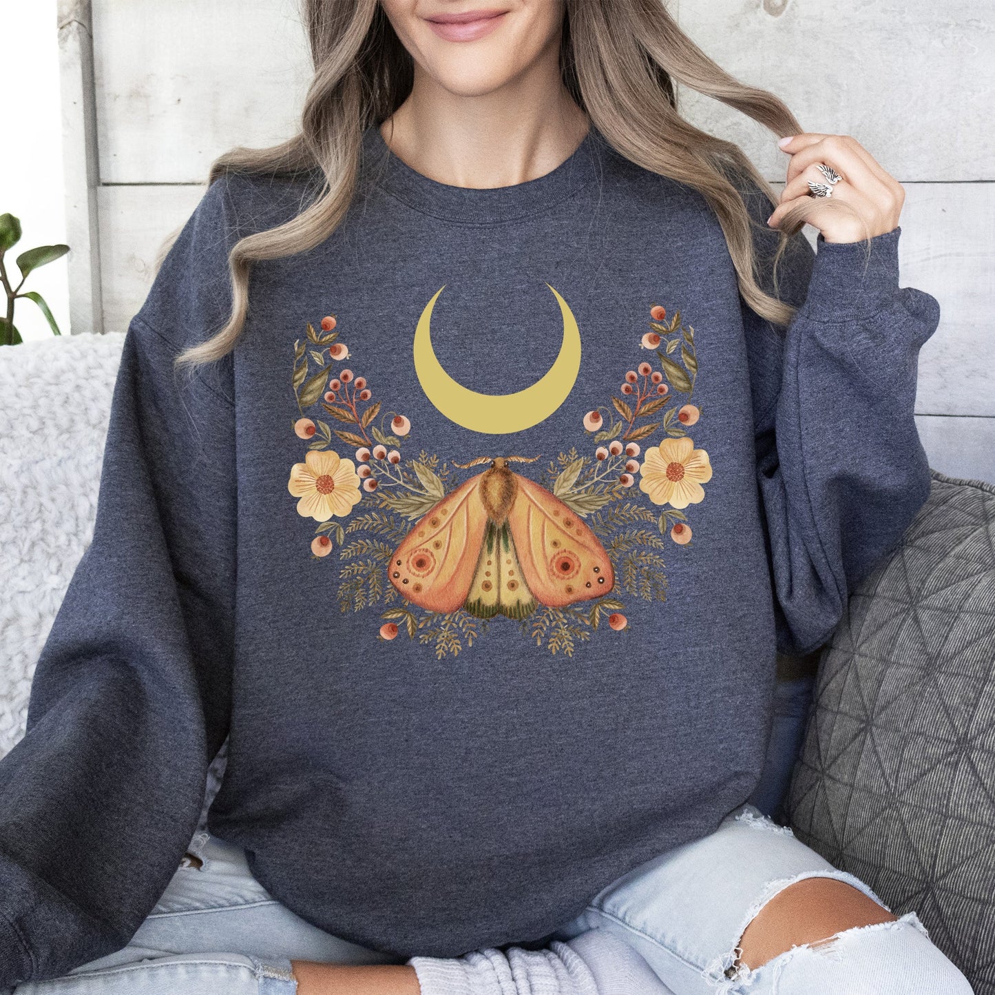 Mystical Moth and Moon, Enchanted Floral Night Sky Sweatshirt