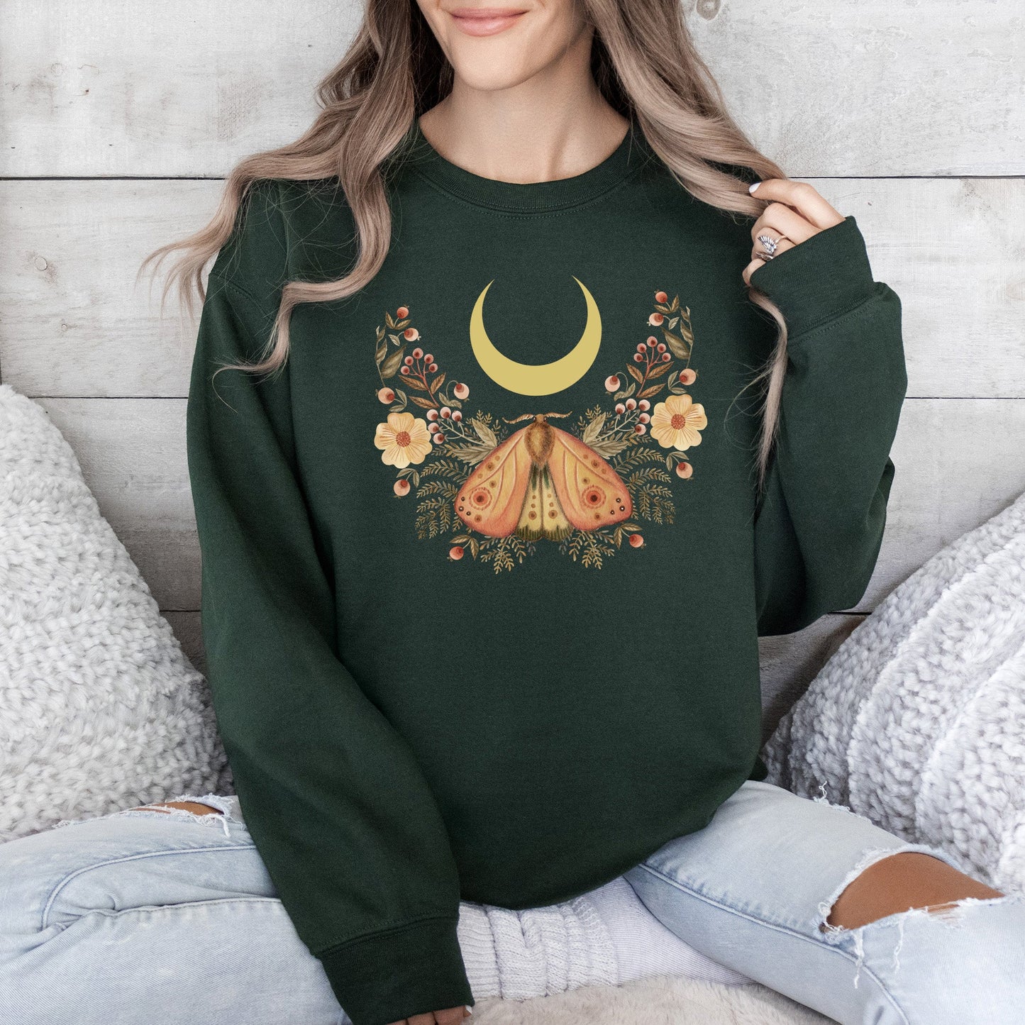 Mystical Moth and Moon, Enchanted Floral Night Sky Sweatshirt