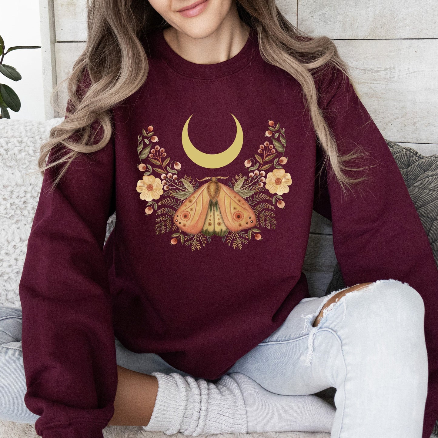 Mystical Moth and Moon, Enchanted Floral Night Sky Sweatshirt