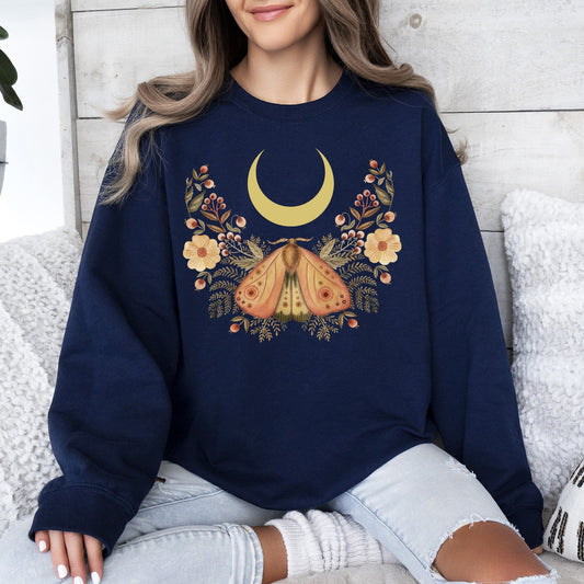 Mystical Moth and Moon, Enchanted Floral Night Sky Sweatshirt