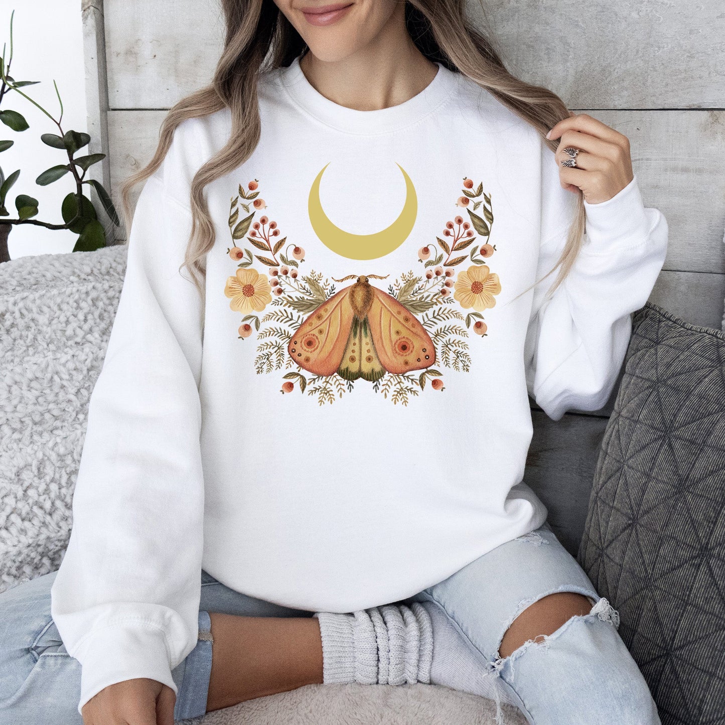 Mystical Moth and Moon, Enchanted Floral Night Sky Sweatshirt