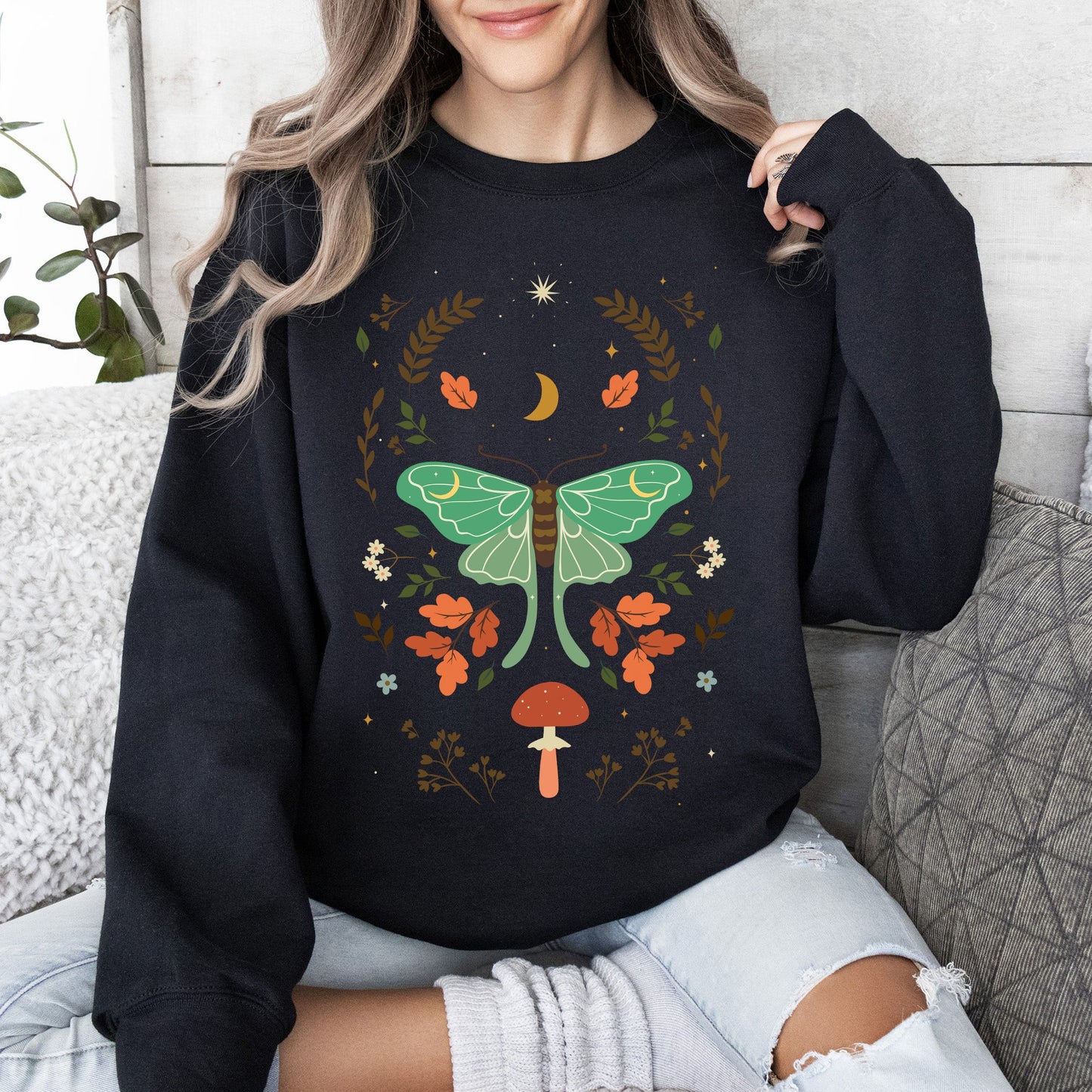 Mystical Moth and Moon, Enchanted Floral Night Sky Sweatshirt