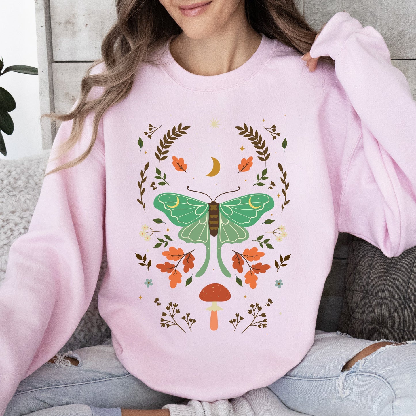 Mystical Moth and Moon, Enchanted Floral Night Sky Sweatshirt