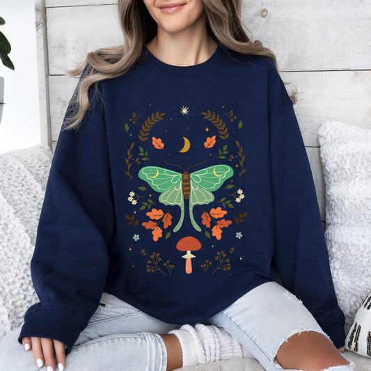 Mystical Moth and Moon, Enchanted Floral Night Sky Sweatshirt
