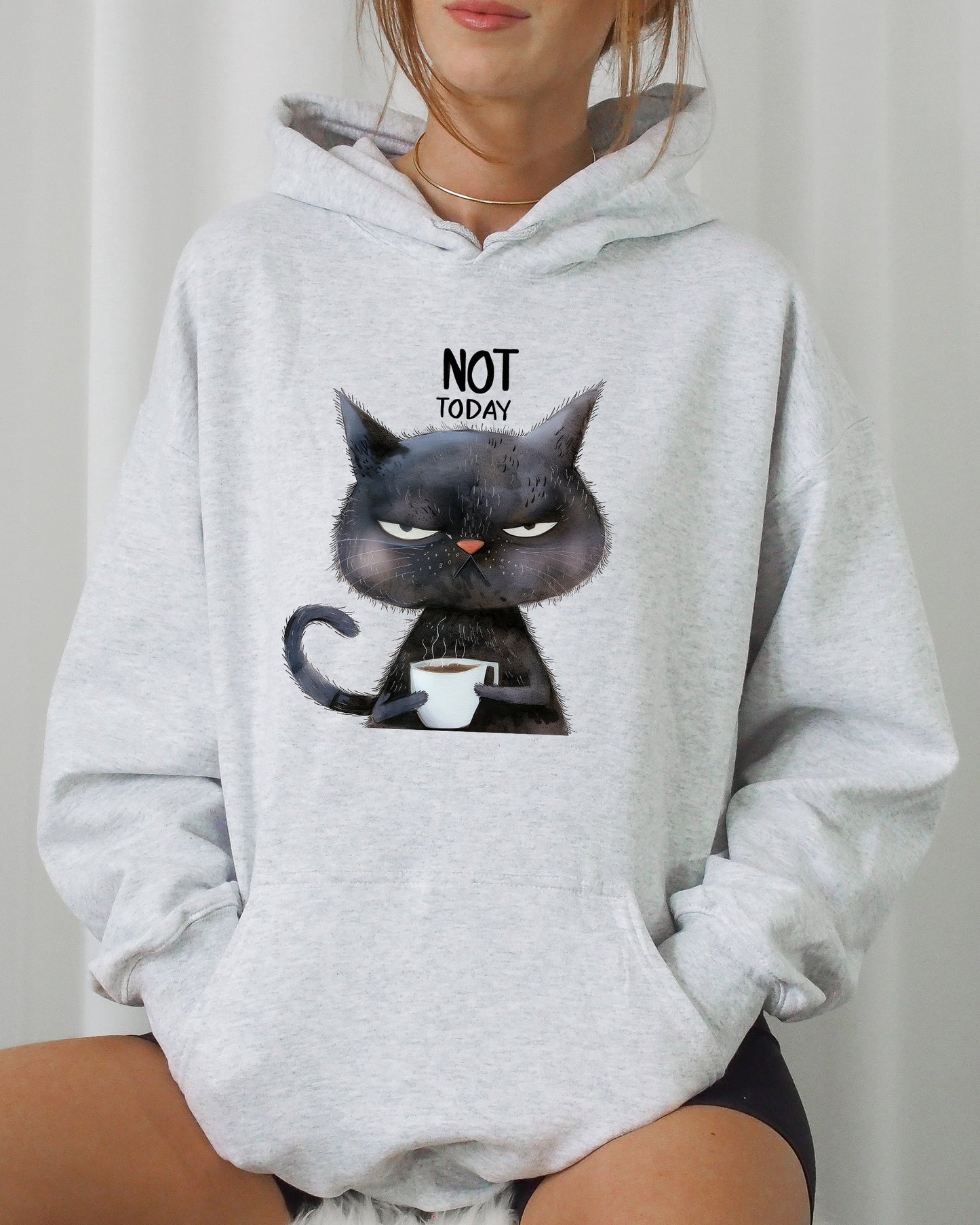Not Today, Cat, Grumpy, Coffee, Funny, Meme Hooded Sweatshirt
