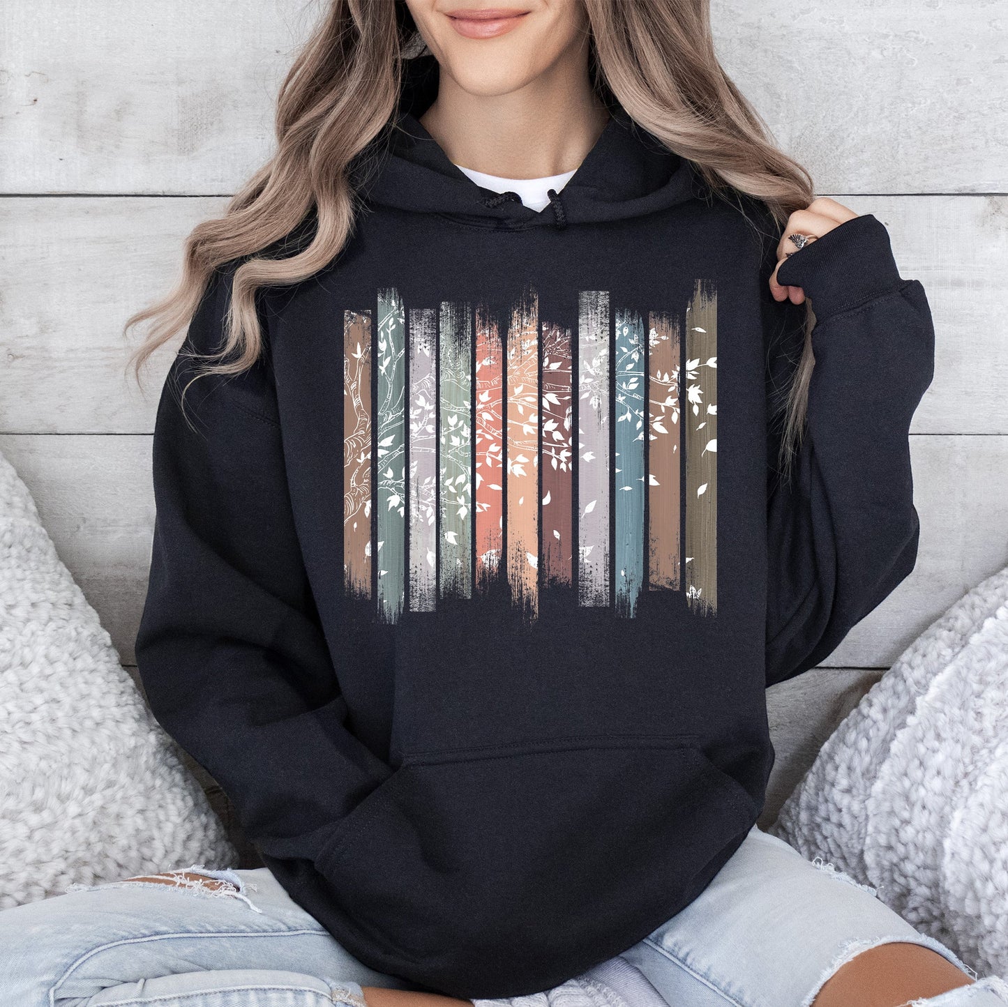 Falling Leaves, Botanical Stripes Hoodie