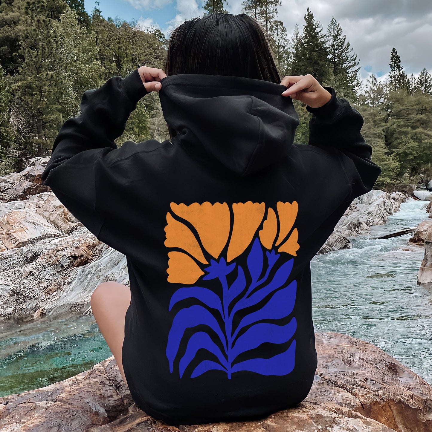 Floral Design, Flowers, Bold Blues And Oranges Hoodie
