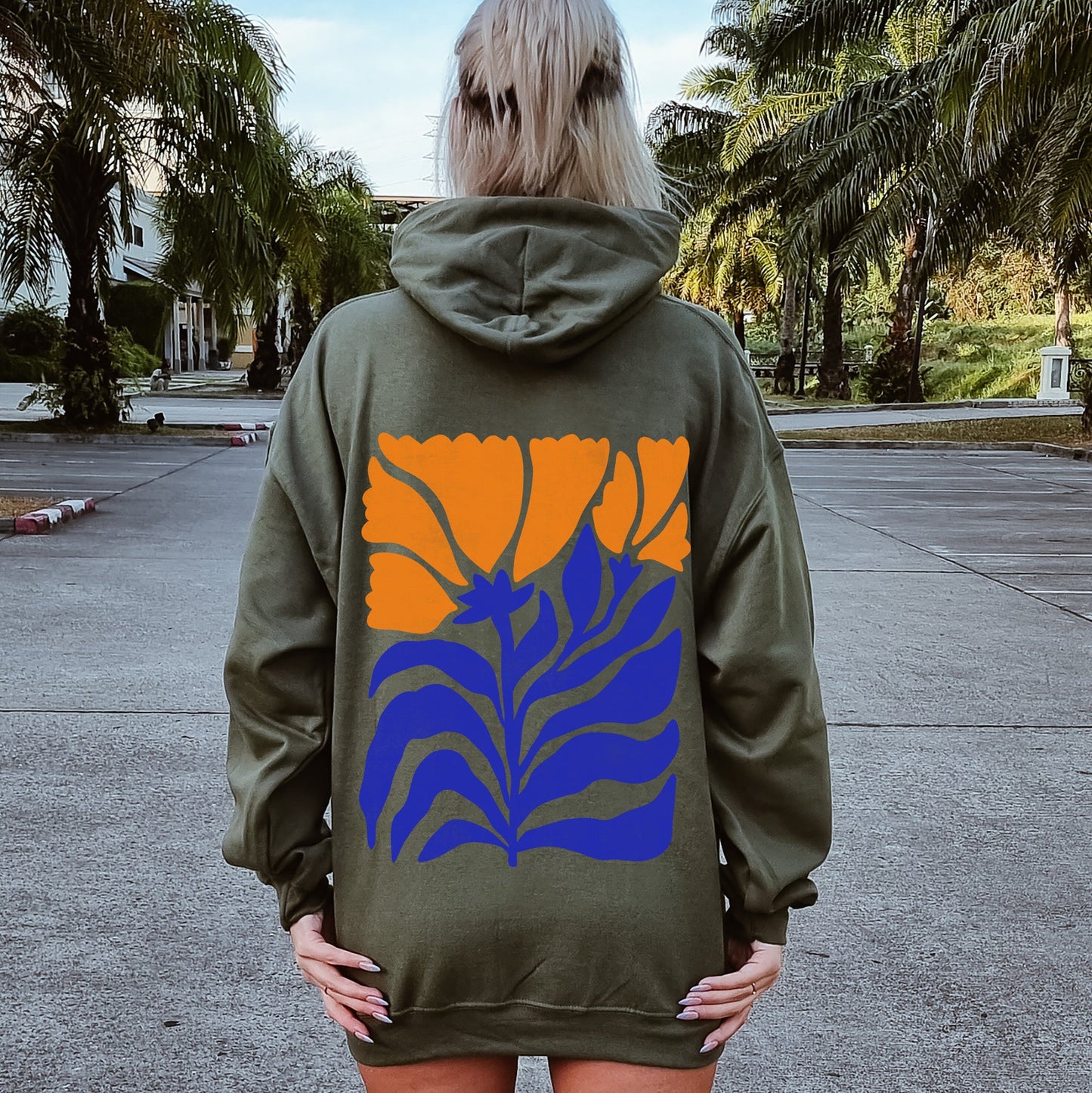 Floral Design, Flowers, Bold Blues And Oranges Hoodie