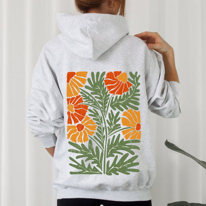Retro Daisy Design, Greens, Orange, Vintage, Floral, Flower Hoodie