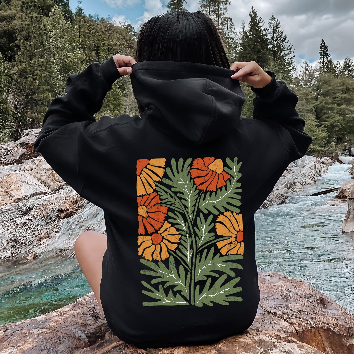 Retro Daisy Design, Greens, Orange, Vintage, Floral, Flower Hoodie