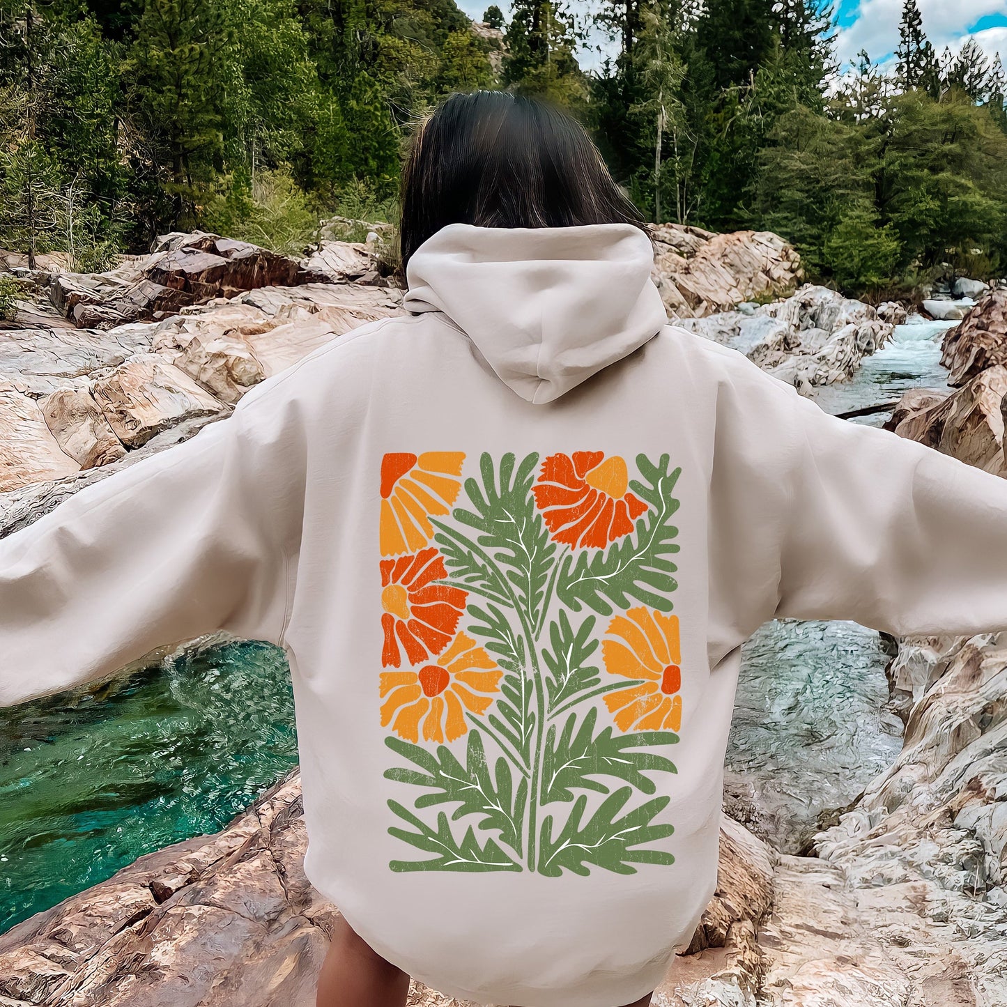 Retro Daisy Design, Greens, Orange, Vintage, Floral, Flower Hoodie