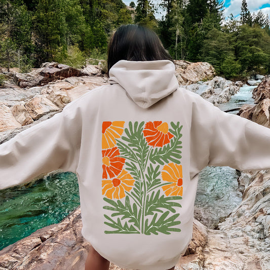 Retro Daisy Design, Greens, Orange, Vintage, Floral, Flower Hoodie