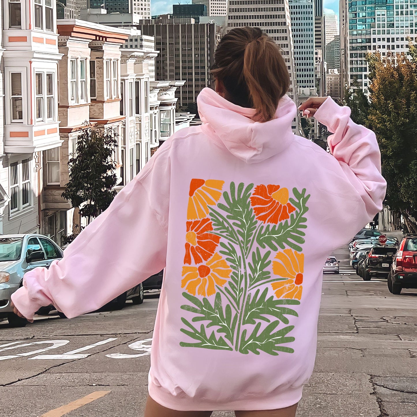 Retro Daisy Design, Greens, Orange, Vintage, Floral, Flower Hoodie