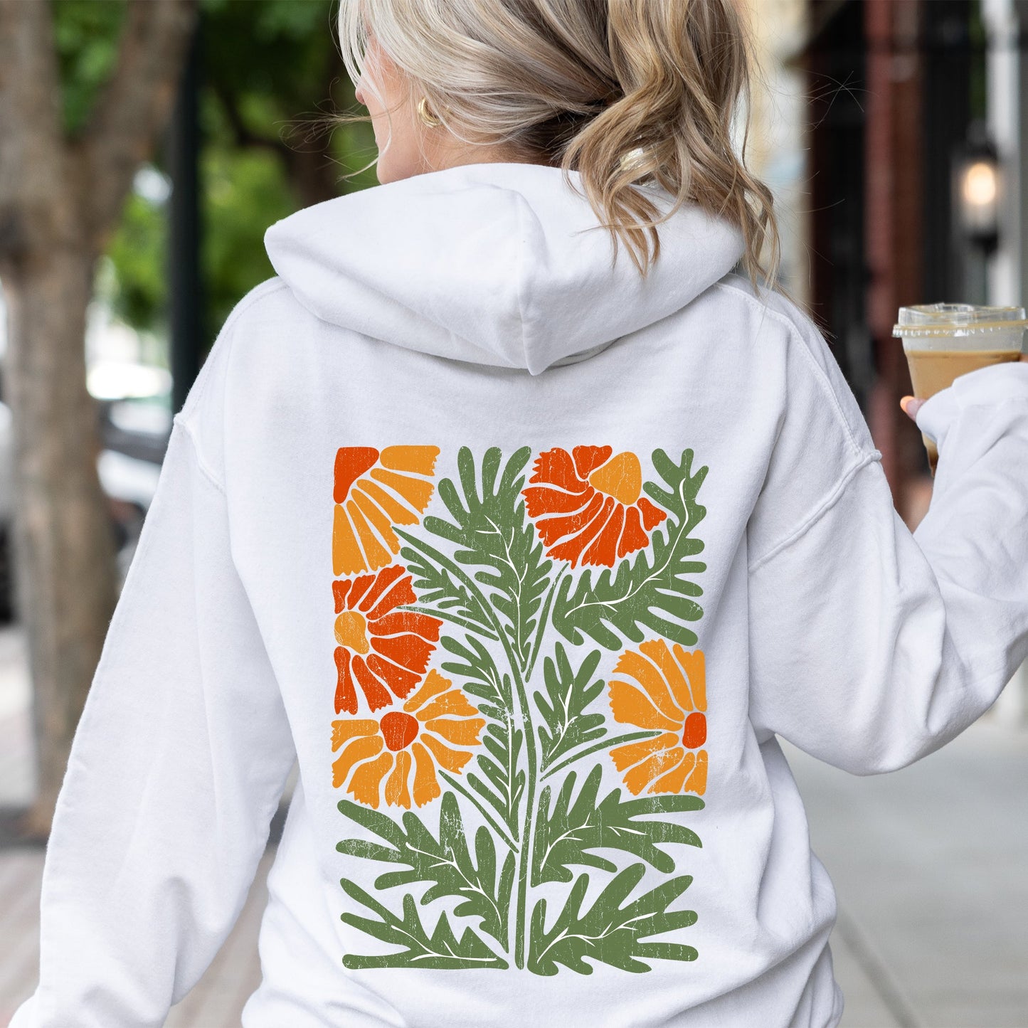 Retro Daisy Design, Greens, Orange, Vintage, Floral, Flower Hoodie
